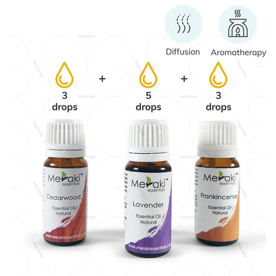 Aromatherapy blend for Diffusion  - 3 drops cedarwood oil, 5 drops Lavender Oil and 3 drops frankincense Oil, by Meraki |  Order from heyzindagi.com