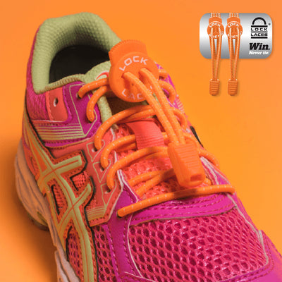 Elastic Shoe Laces in orange to convert sports or formal shoes with laces to slip-on style. Require one-time installation. Pull to adjust fit.