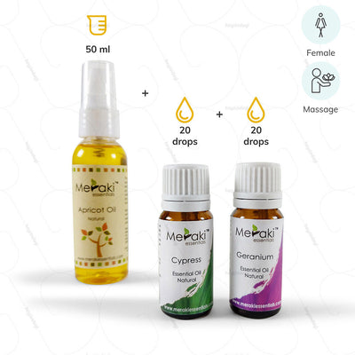 Aromatherapy Massage Essential Oil Combo for women - 20 drops Cypress Oil, 20 Drops Geranium Oil and 50 ml Apricot Oil by Meraki | Shop at Hey Zindagi