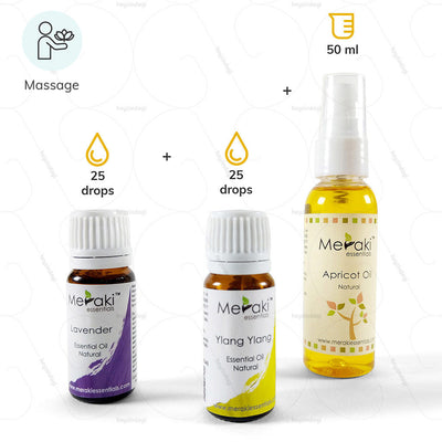 Essential Oil for Massage - 25 drops Lavender Oil, 25 drops Ylang Ylang Oil and 50 ml Apricot Oil by Meraki | Order from heyzindagi.com