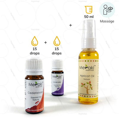 Essential Oil Combo for Massage -15 drops Cedarwood Oil, 15 drops Lavender oil, 50 ml Apricot Oil by Meraki | Hey Zindagi Solutions