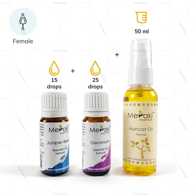 Best Essential Oil for Skin Repair in Women - 15 drops Juniper Berry Oil, 25 drops Geranium oil, 50 ml Apricot oil by Meraki | Buy online at HeyZindagi.com