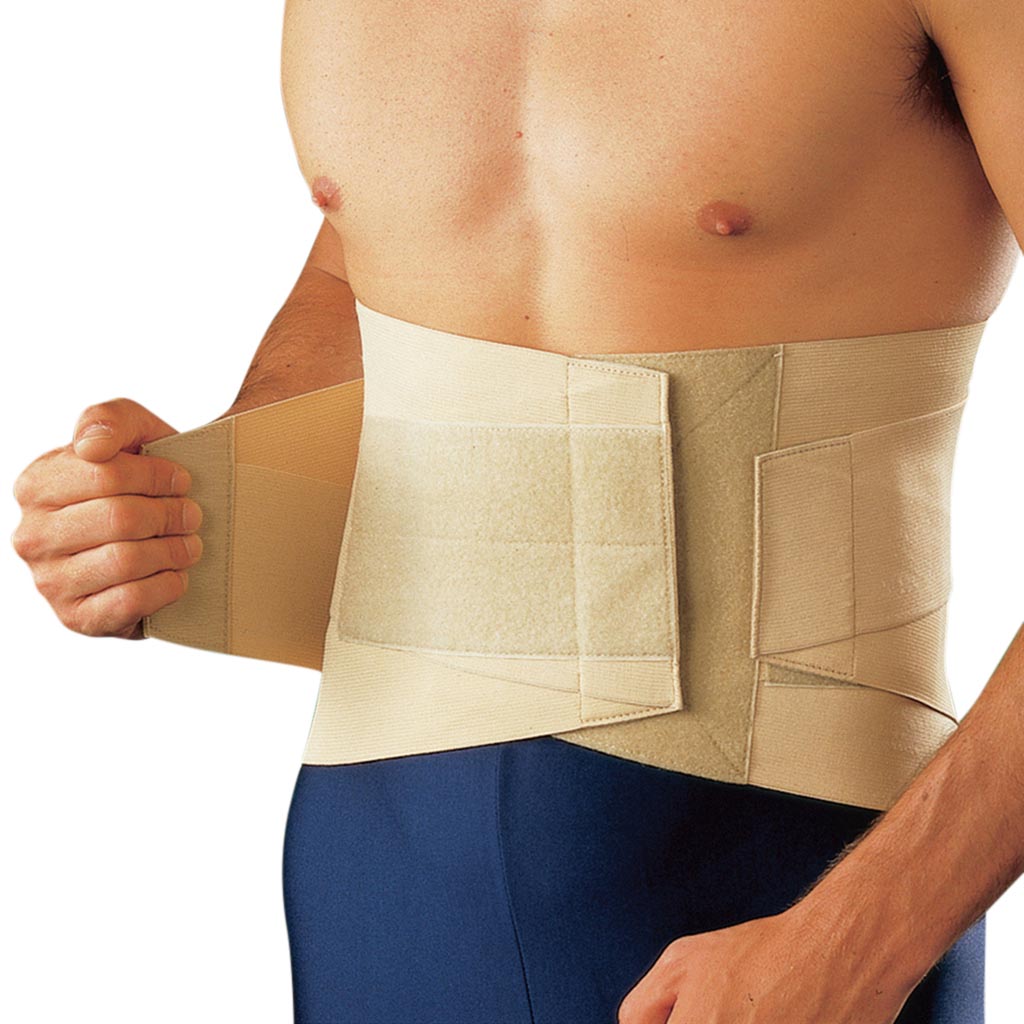 Support for the Lower Back with adjustable compression levels managed through removable metal stays and additional side straps