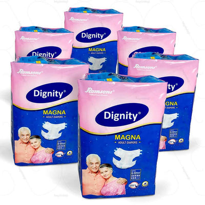 Dignity adult diapers by Romsons India. Comes in a pack of 6 with 10 diapers in every pack | heyzindagi.in- a health & wellness site for senior citizens