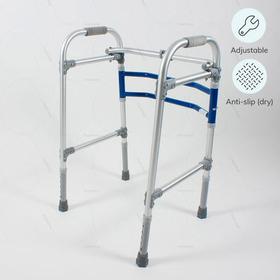 Height adjustable folding Walker for elderly (2901) by Vissco India. Anti-slip shoe to prevent falls over wet surface | Hey Zindagi Solutions- an online shop for differently abled